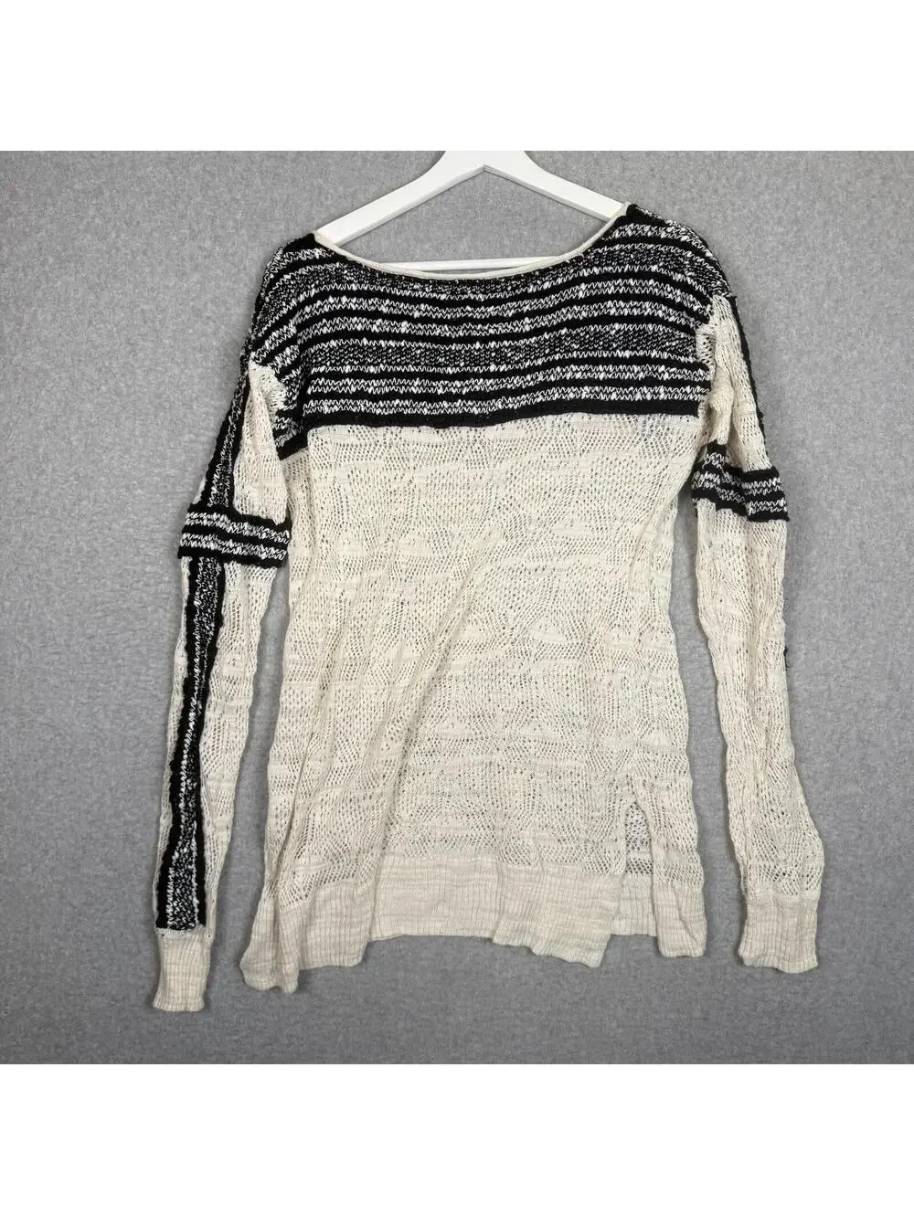 Free People Miles Away Swit Linen Cotton Blend Eyelet Long Sleeve Sweater Sz L